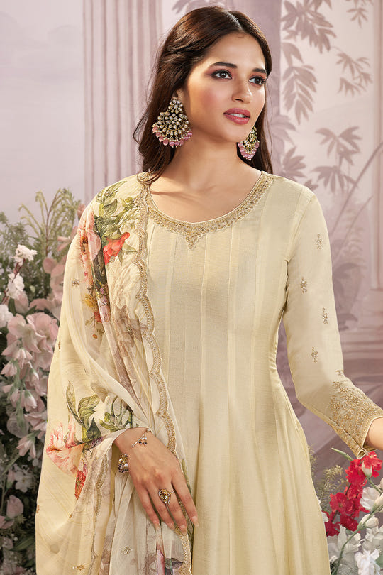 Cream Embroidered Crepe Silk Anarkali Suit