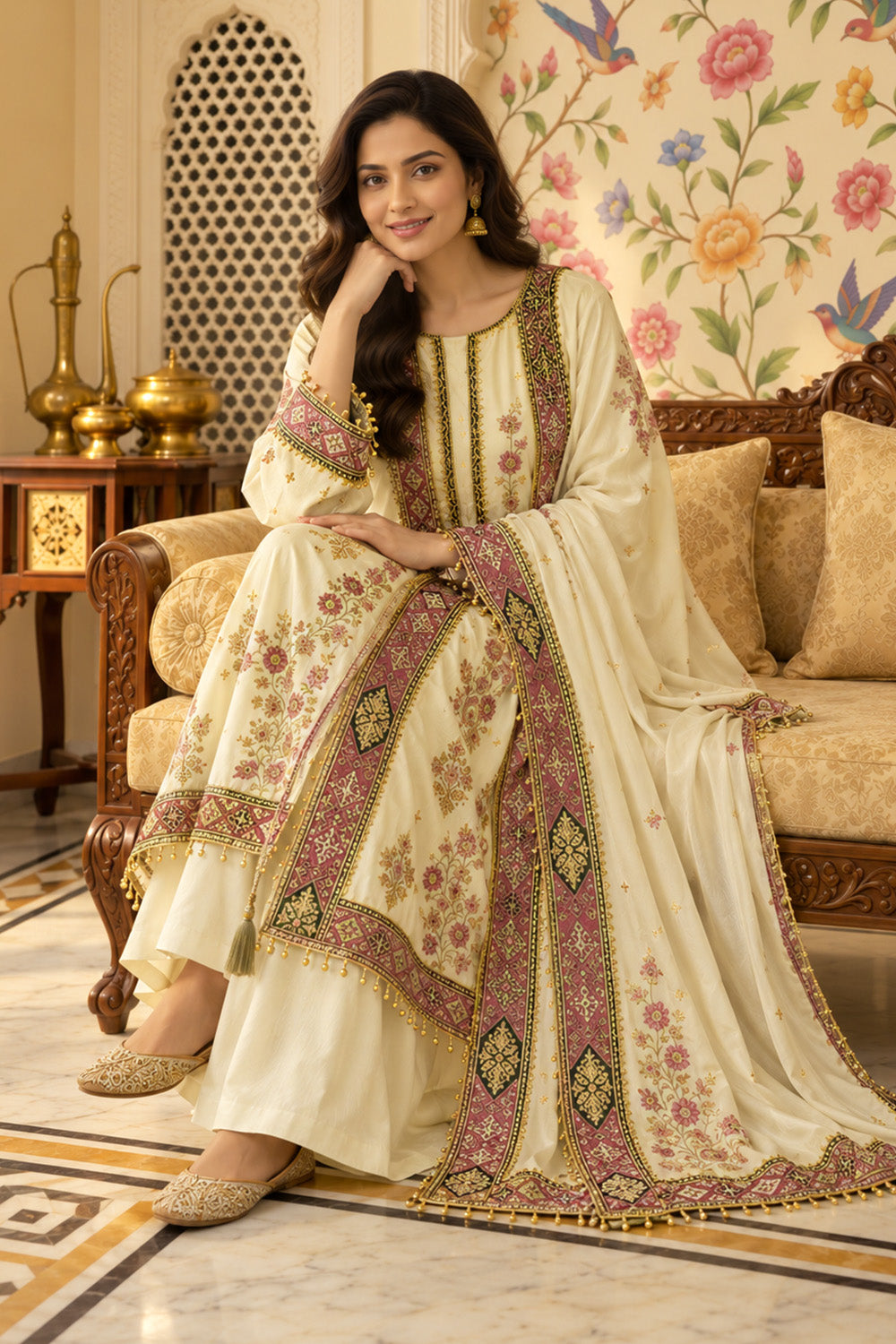 Cream Crepe Silk Printed And Handwork Suit