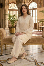 Cream Cotton Resham Embroidered And Lace Work Kurta Set