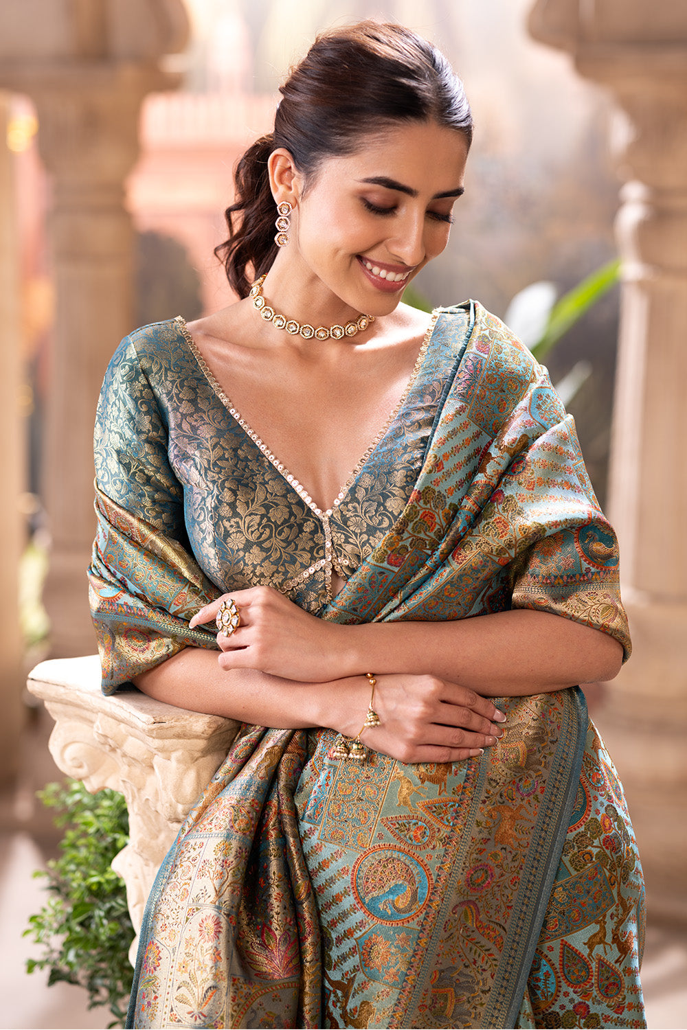 Turquoise Position Print Woven Silk Saree