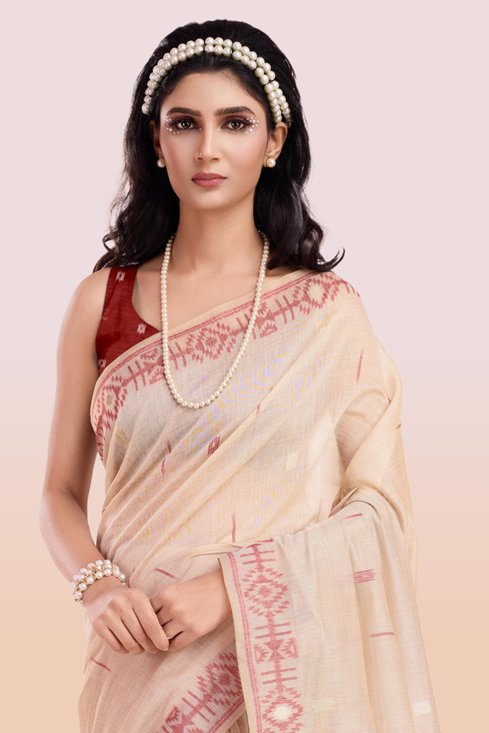 Cream & Magenta Colour Resham Woven Cotton Saree