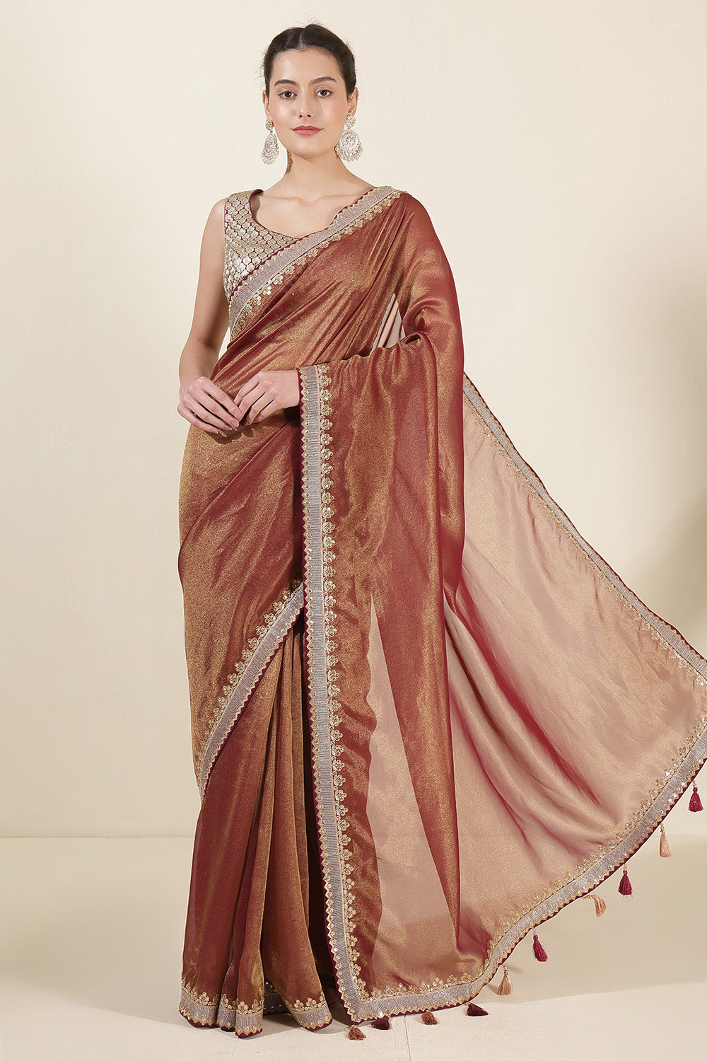 Wine & Golden Mantellic Tissue Embroidered Saree with Readymade Blouse