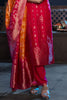 Rani Silk Neck Embroidered And Zari Woven Suit With Woven Dupatta Set