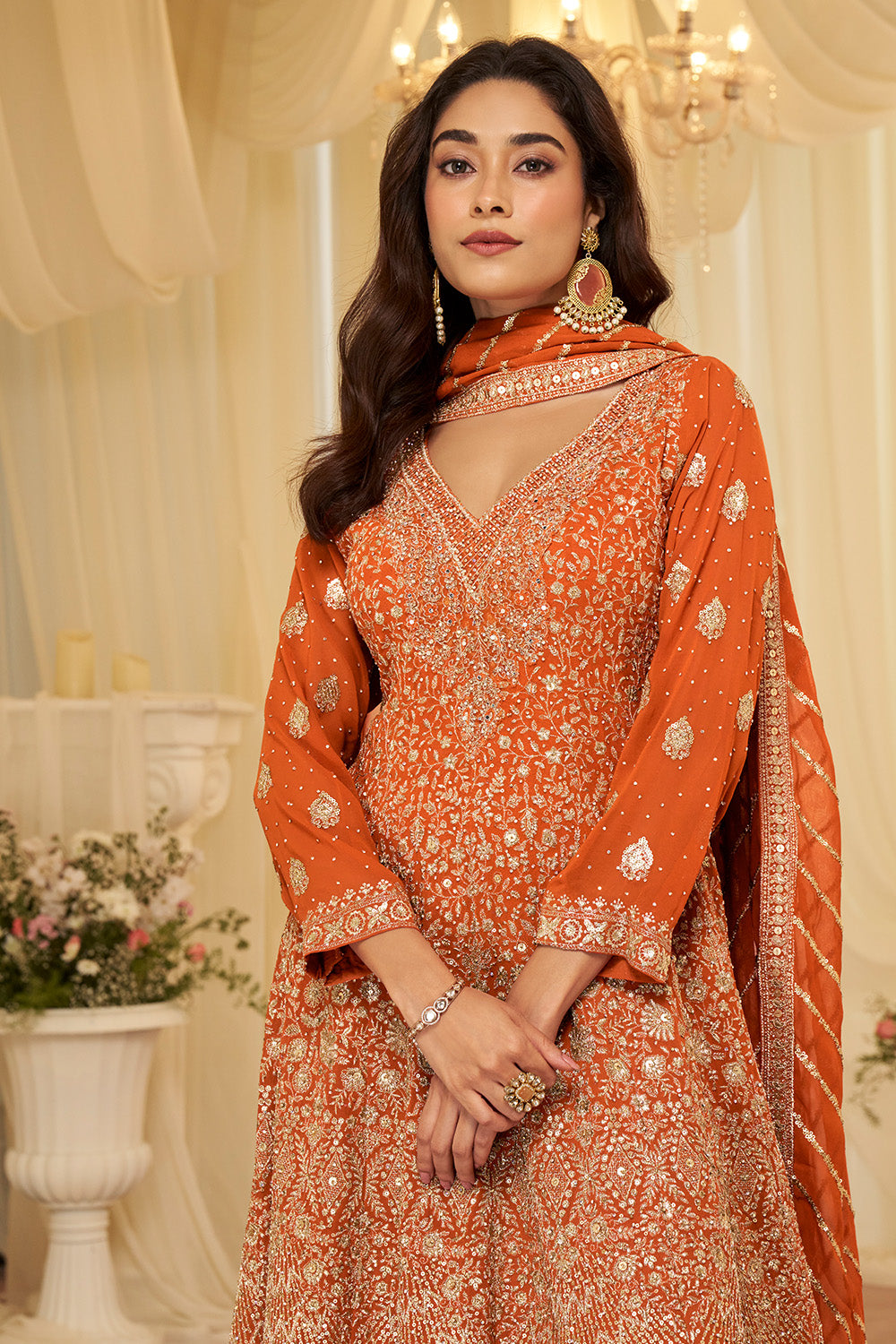 Orange Georgette Embroidered Anarkali Suit Set