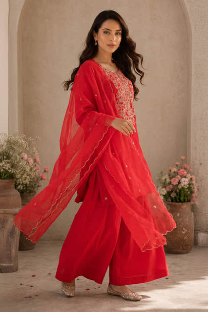 Carmine Silk Neck-Embroidered Suit With Pallazo