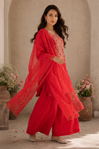 Carmine Silk Neck-Embroidered Suit With Pallazo