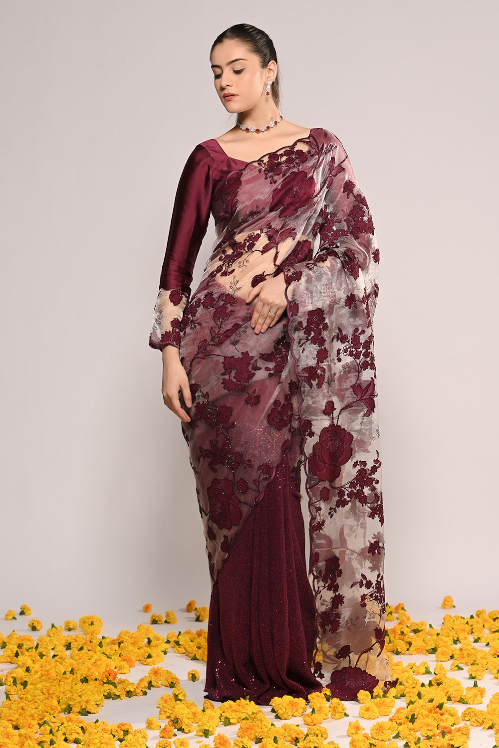 Wine Color Net Embroidered Saree