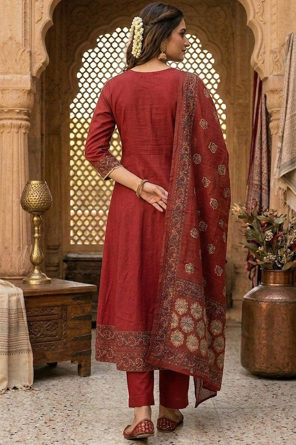 Maroon Printed cotton Anarkali Suit