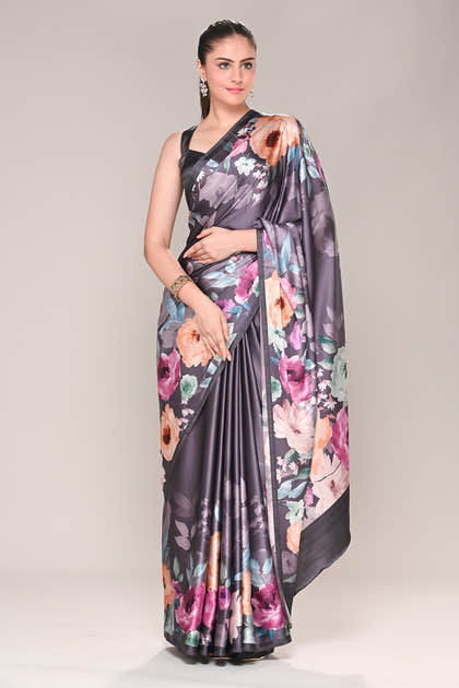 Lavender Color Satin Silk Printed Saree
