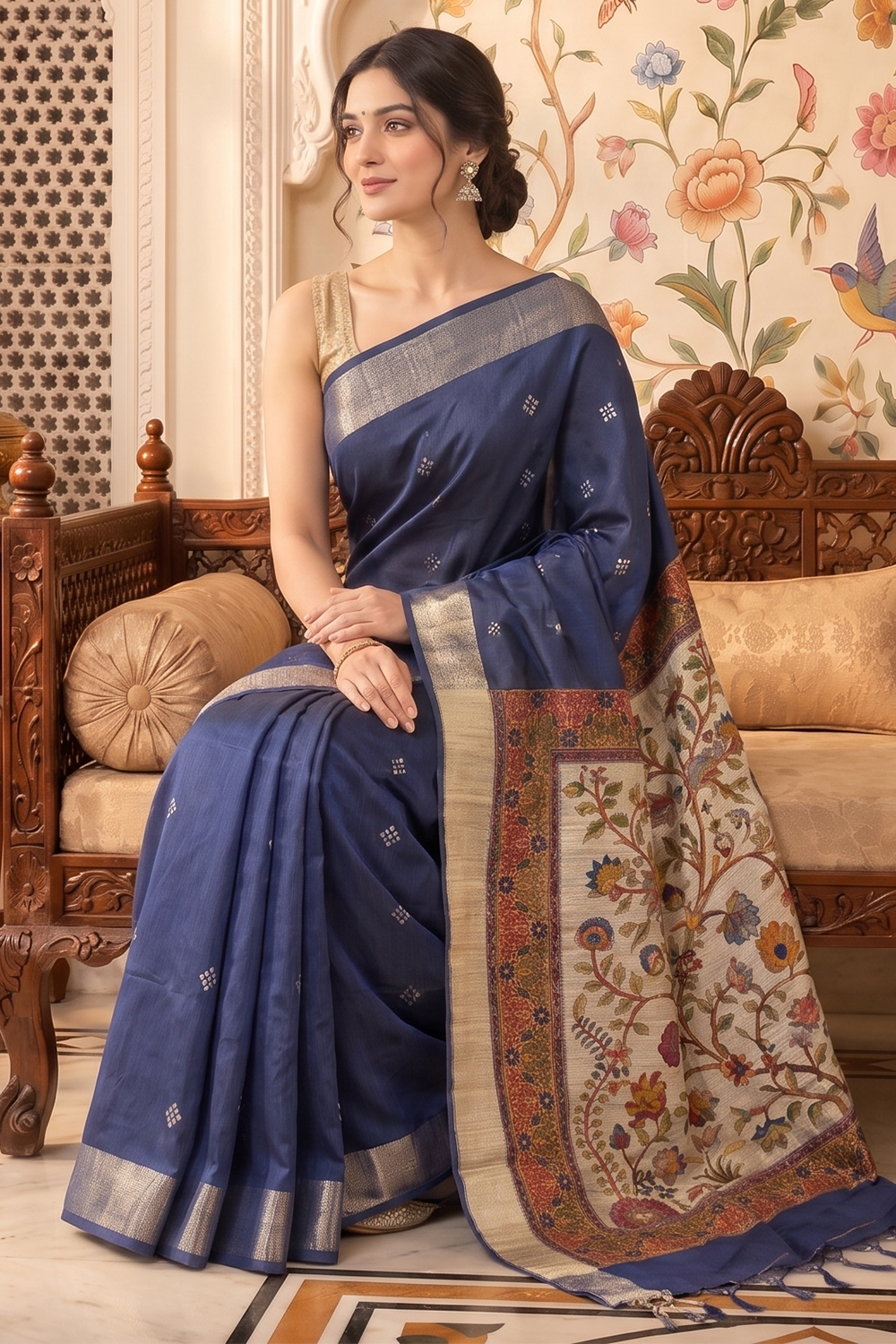 Navy Cotton Printed And Woven Border Saree