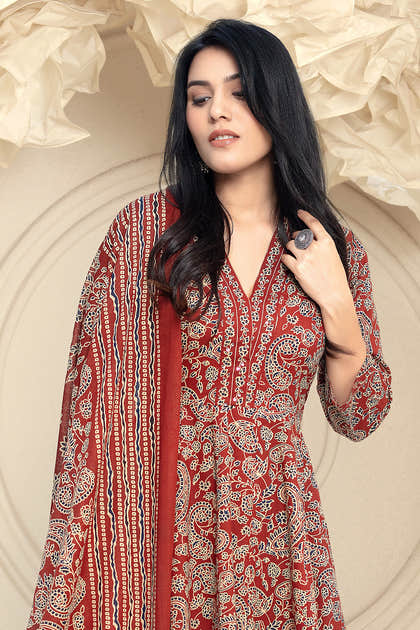 Maroon Cotton Printed Anarkali Suit Set
