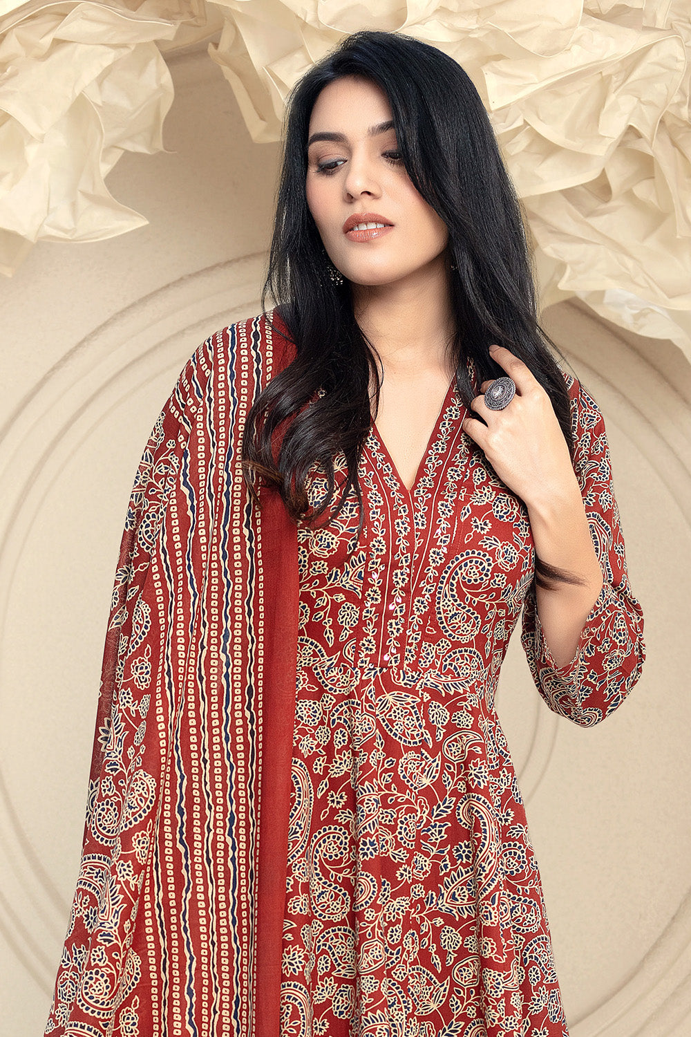 Maroon Cotton Printed Anarkali Suit Set