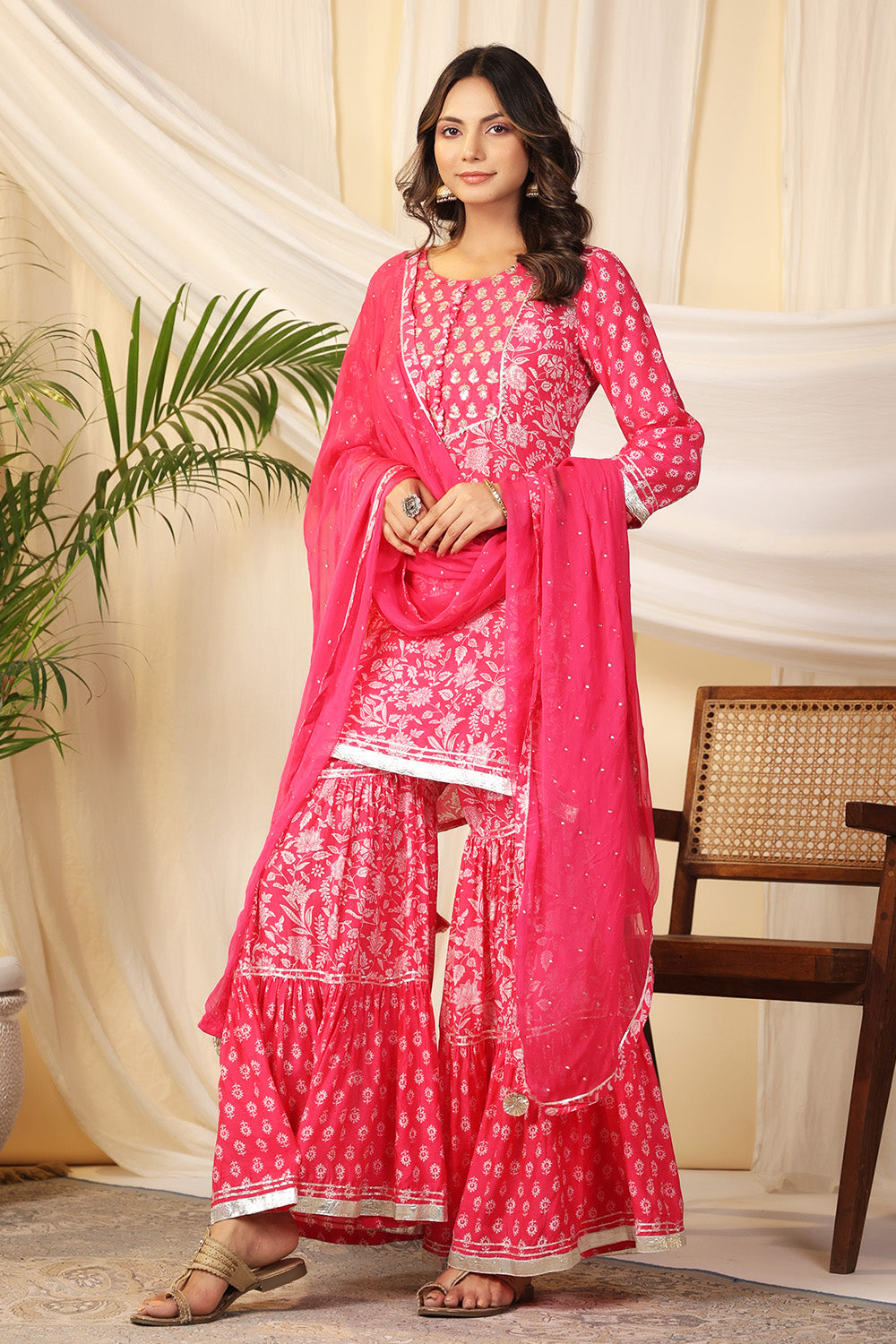 Fuchsia Pink Color Muslin Printed Suit With Gharara