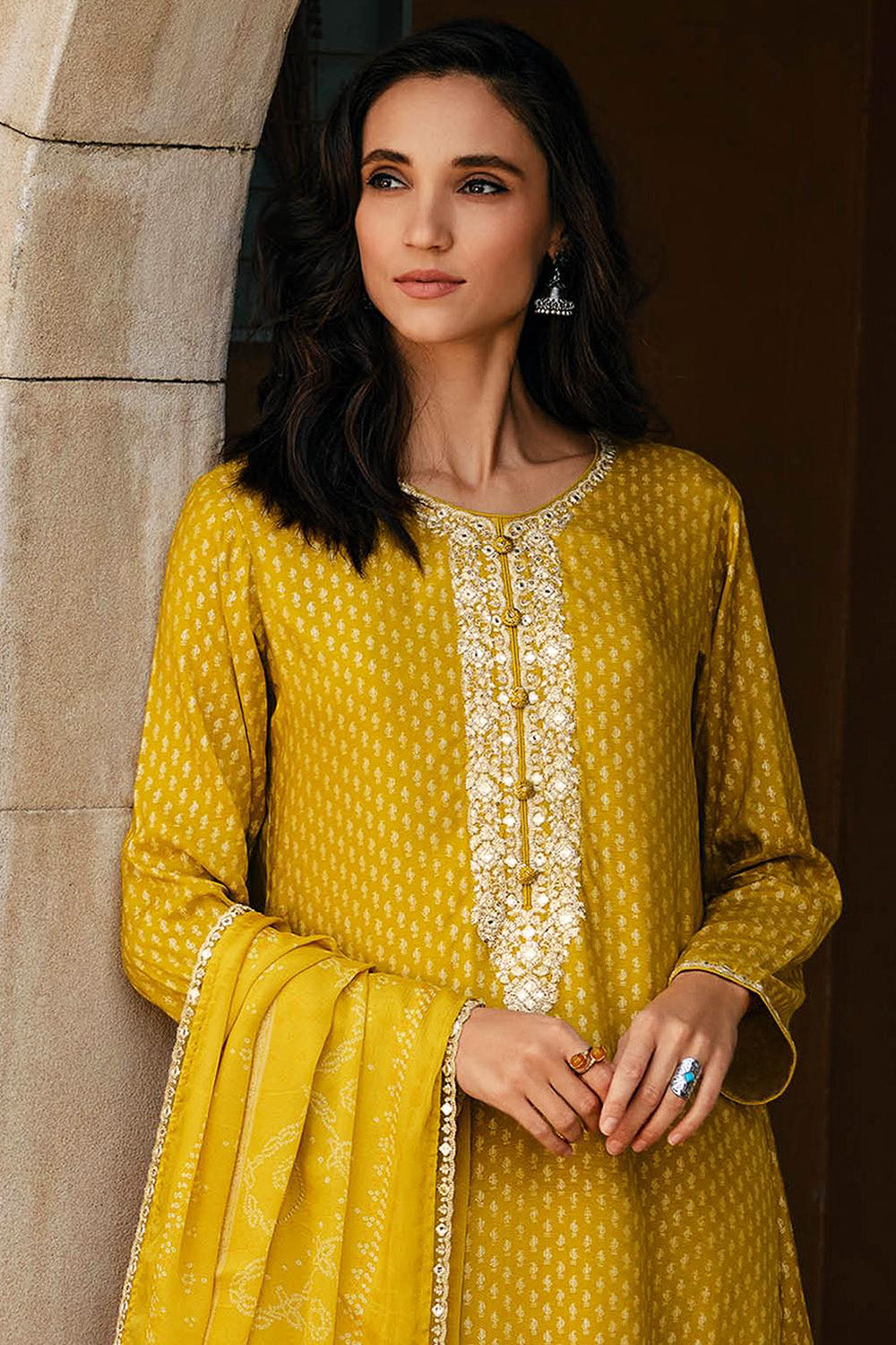 Mustard Silk Printed & Neck Embroidered Unstitched Suit