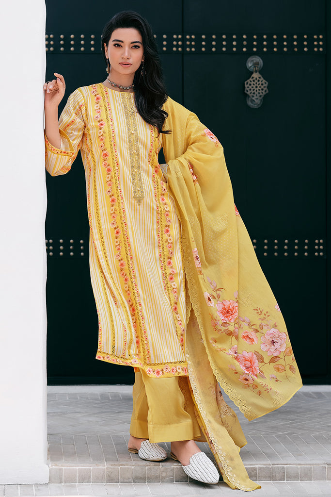 Yellow Color Cotton Floral Printed Unstitched Suit Material