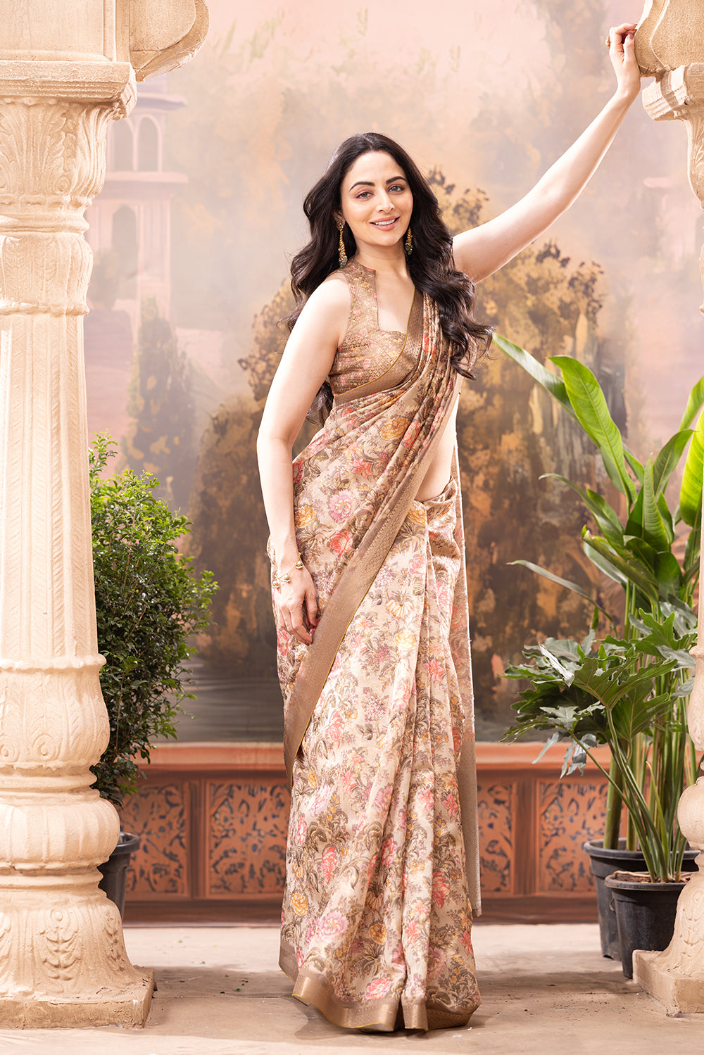 Beige Crepe Silk Floral Printed Saree