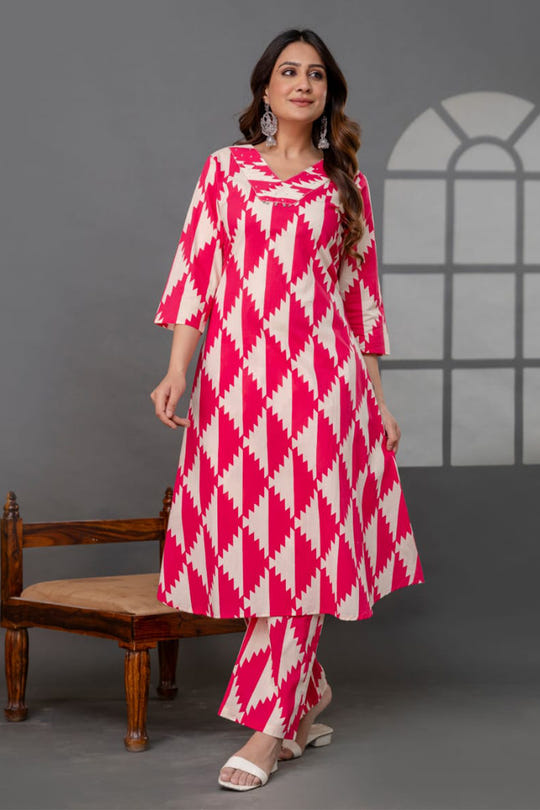 Beige And Magenta Printed Cotton Kurta Set