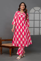 Beige And Magenta Printed Cotton Kurta Set