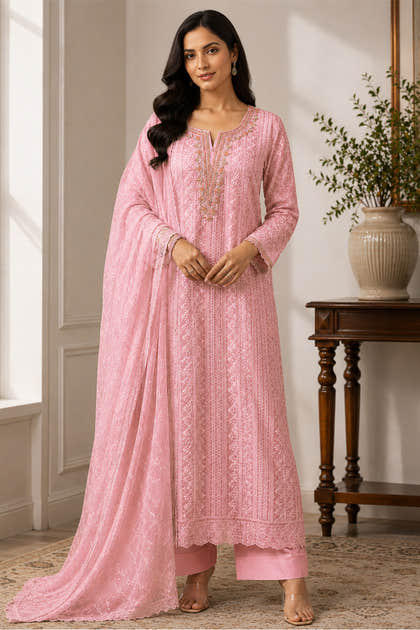 Pink Georgette Chikankari Work Unstiched Suit