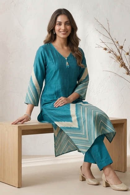 Dark Teal Mulberry Silk Printed Kurta Set