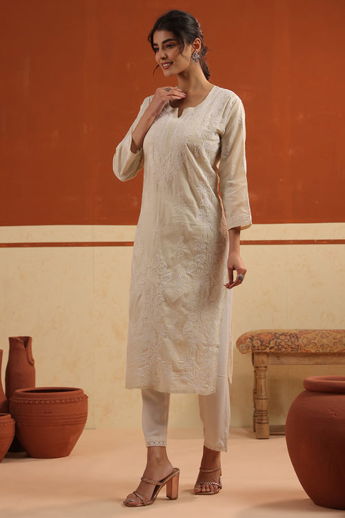 Beige Resham Embroidered Kurta