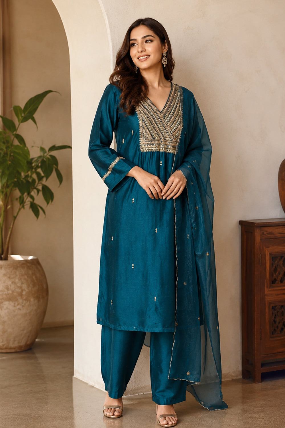 Teal Neck-Embroidered Silk Straight Suit