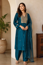 Teal Neck-Embroidered Silk Straight Suit