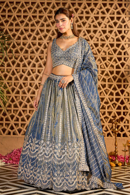 Blue Tissue Silk Embroidered Lehanga