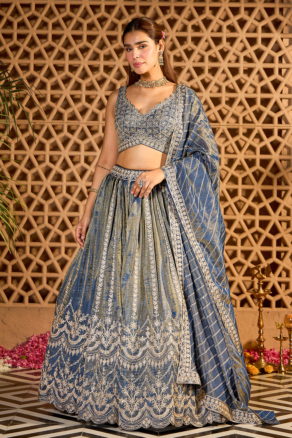 Blue Tissue Silk Embroidered Lehanga
