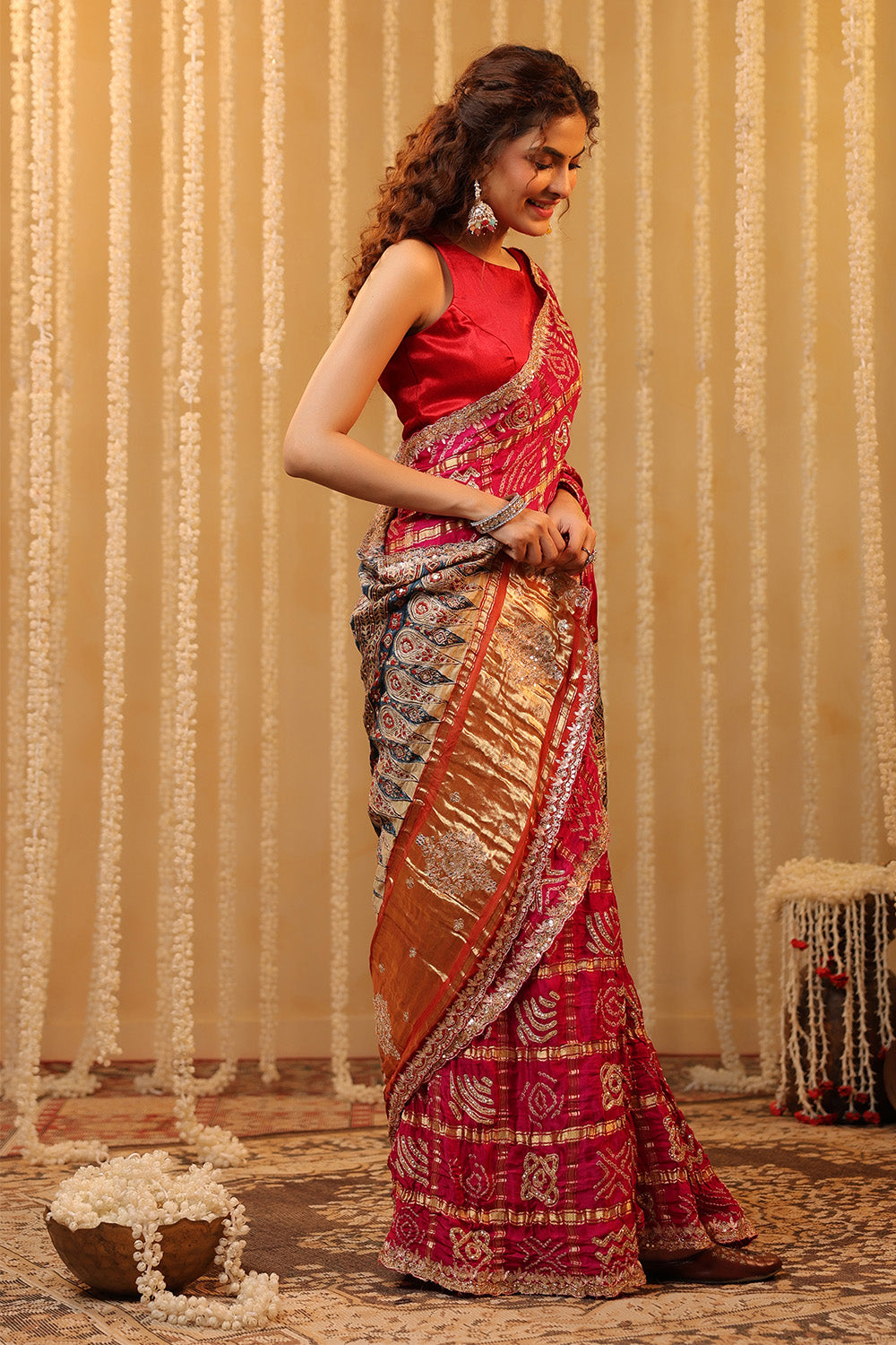 Magenta Pink Pure Gharchola Gajji Silk Printed And Embroidered Saree