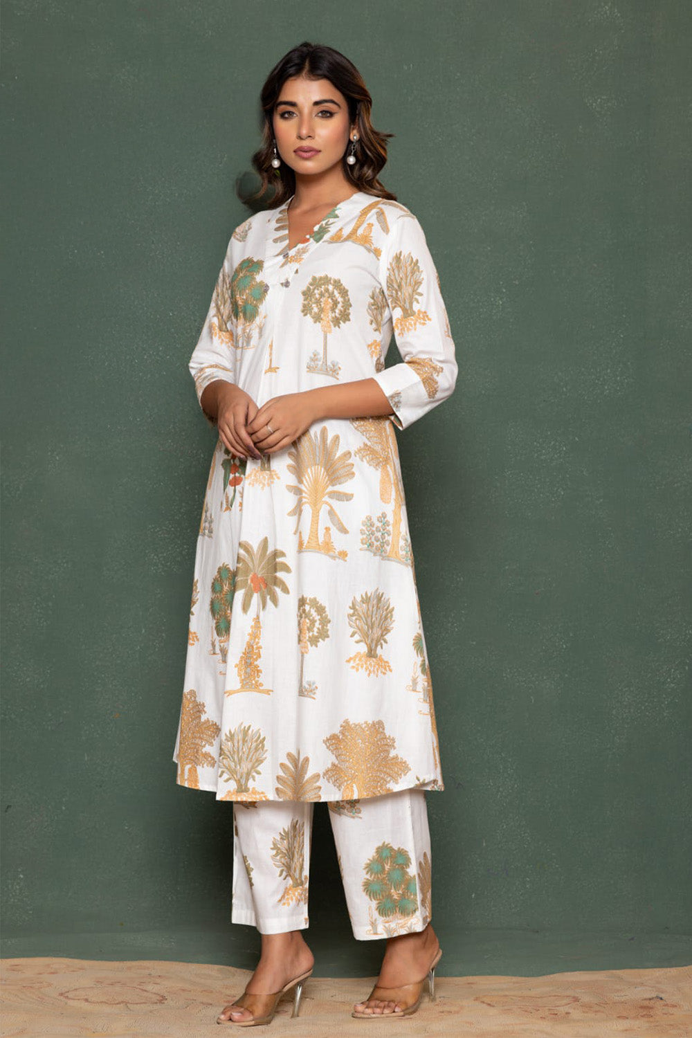 White Botanical Printed Cotton Kurta Set