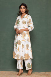 White Botanical Printed Cotton Kurta Set