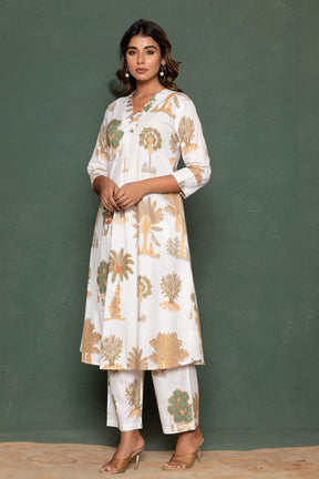 White Botanical Printed Cotton Kurta Set