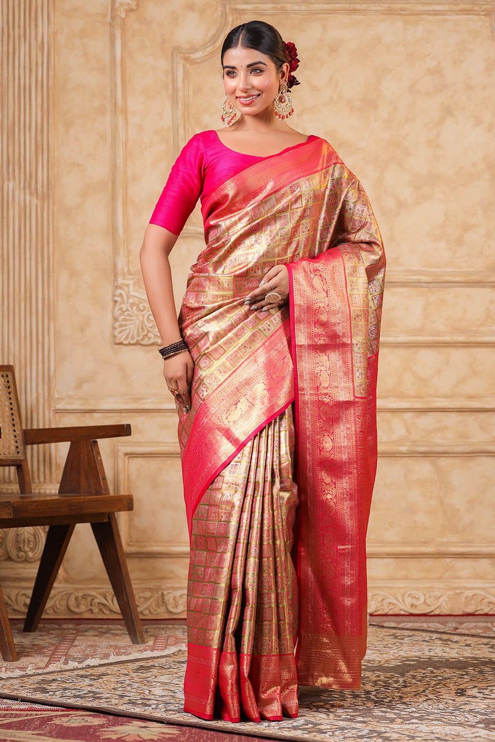 Fuchsia Pink Colour Silk Woven Saree