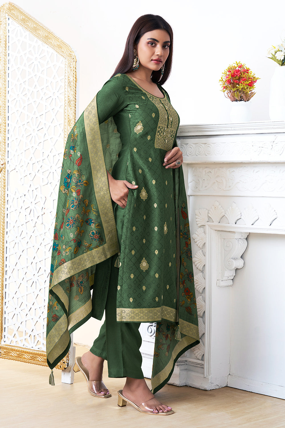 Green Color Silk Woven Straight Suit