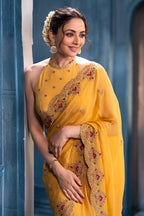 Pale Yellow Pure Georgette Resham, Zari and Sequins Embroidered Saree
