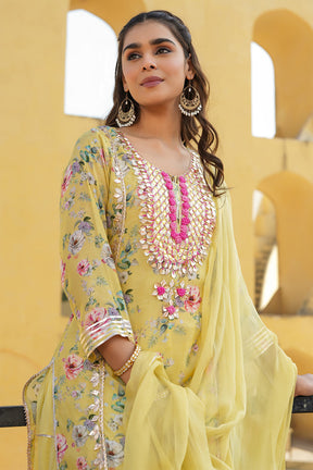 Light Yellow Color Muslin Embroidered & Floral Printed Kurta Set With Stitched Skirt