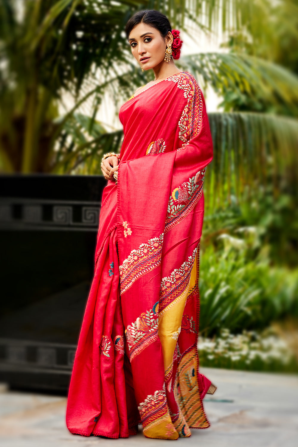 Maroon Color Tussar Silk Madhubani Work Saree