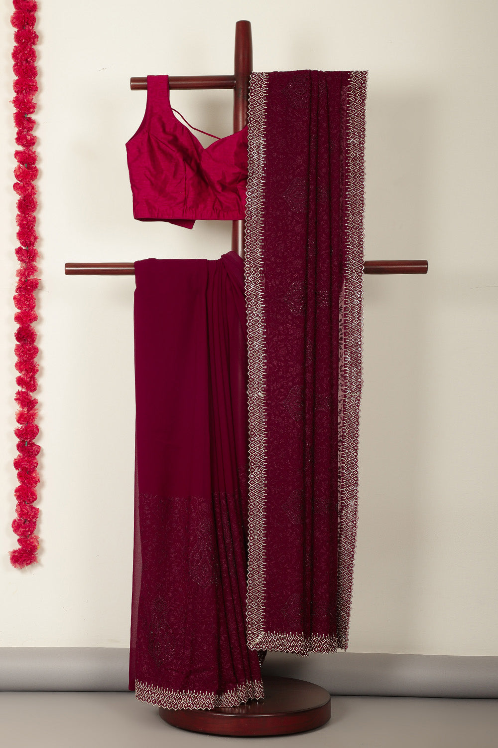 Wine Georgette Resham Floral Jal Woven And Swarovski Work Saree