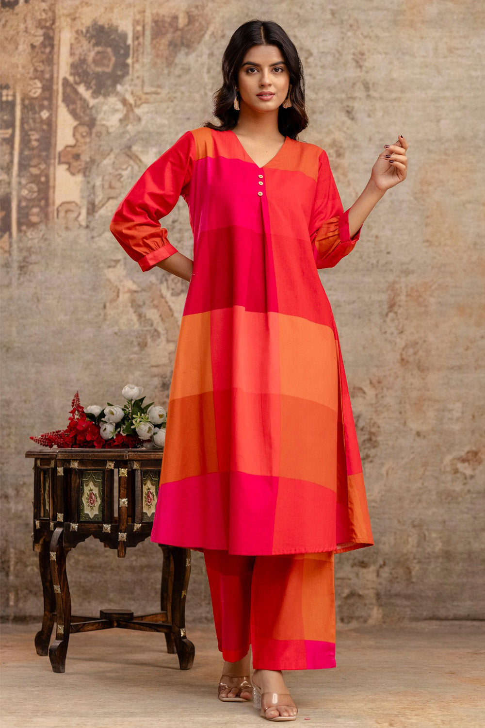 Magenta Cotton Printed Kurta Set