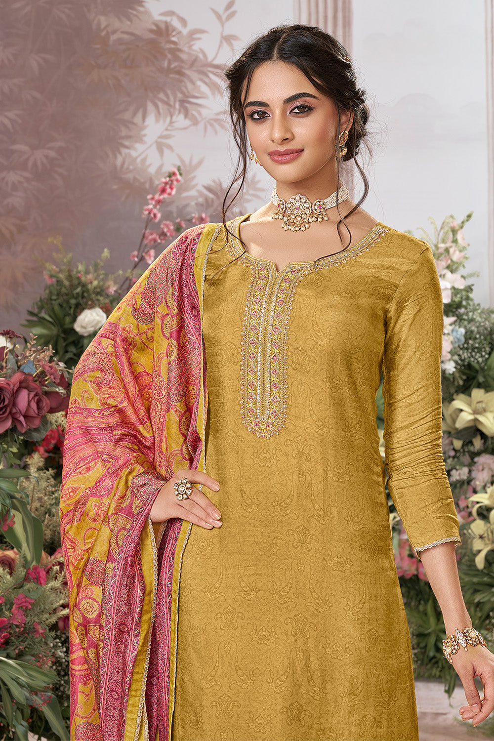 Mustard Neck-Embroidered And Printed Suit Set