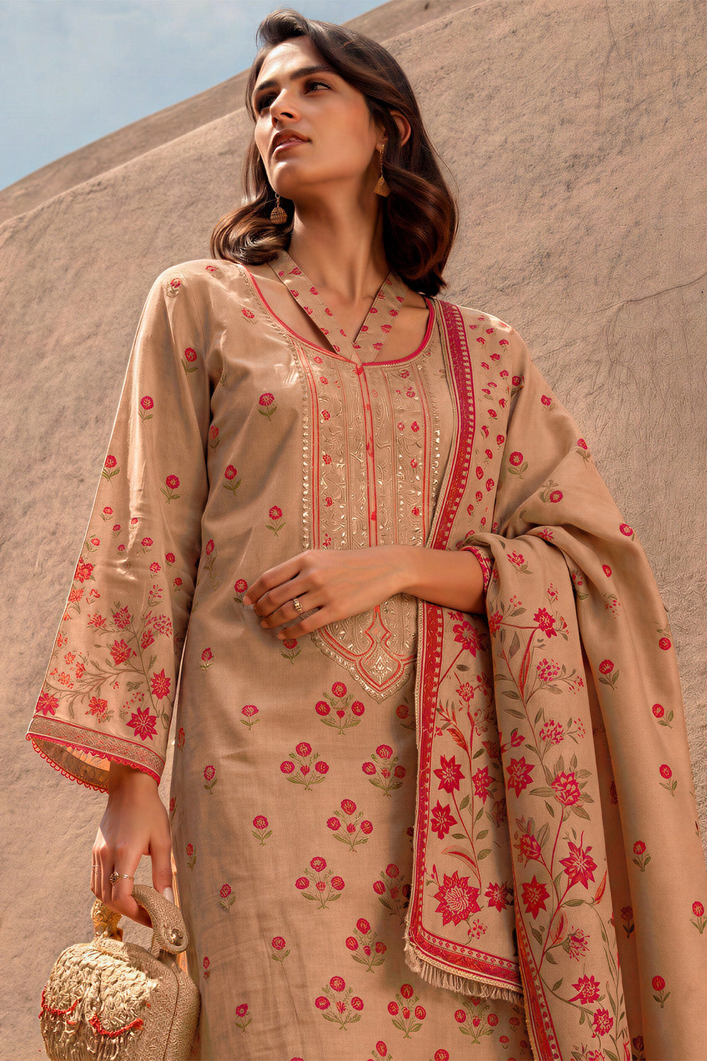 Beige Silk Embroidered And Floral Printed Unstitched Suit Fabric