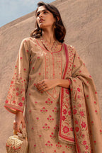 Beige Silk Embroidered And Floral Printed Unstitched Suit Fabric