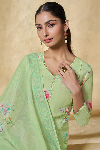 Pista Green Chanderi Cotton Floral Printed Suit Set