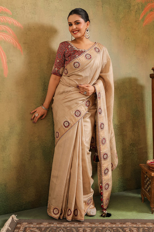 Beige Pure Tussar Embroidered Saree