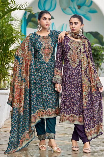 Teal Blue Muslin Floral Printed Unstitched Suit Material