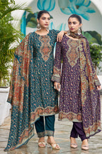 Teal Blue Muslin Floral Printed Unstitched Suit Material