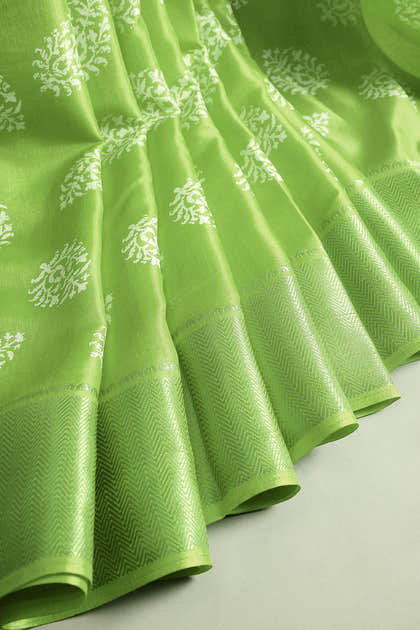 Green Color Block Printed Cotton Silk Saree