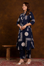 Navy Block Printed Cotton Printed Kurta Set