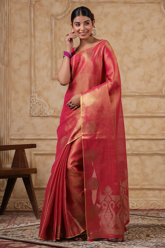 Fuchsia Pink Color Organza Cotton Golden Zari Woven Saree